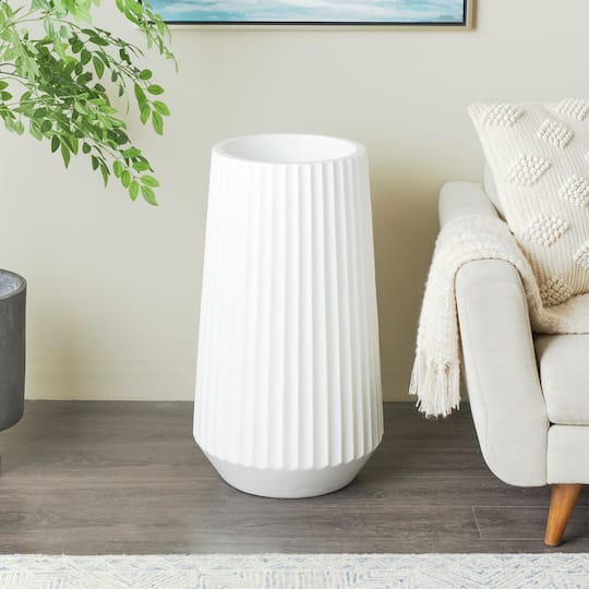 Large White Ribbed Resin Floor Vase
